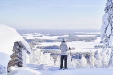 Person in winter gear skiing near a snow-covered cabin with a scenic snowy landscape.
