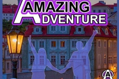 Silhouettes of people in front of a colorful cityscape with 'Amazing Adventure' text.