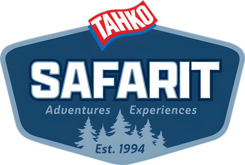 Logo with 'Tahko Safarit' and forest silhouette.